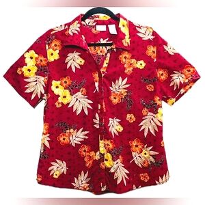 Erika Embroidered Hawaiian Floral Button Up Shirt XLP Cotton Eyelet Short Sleeve